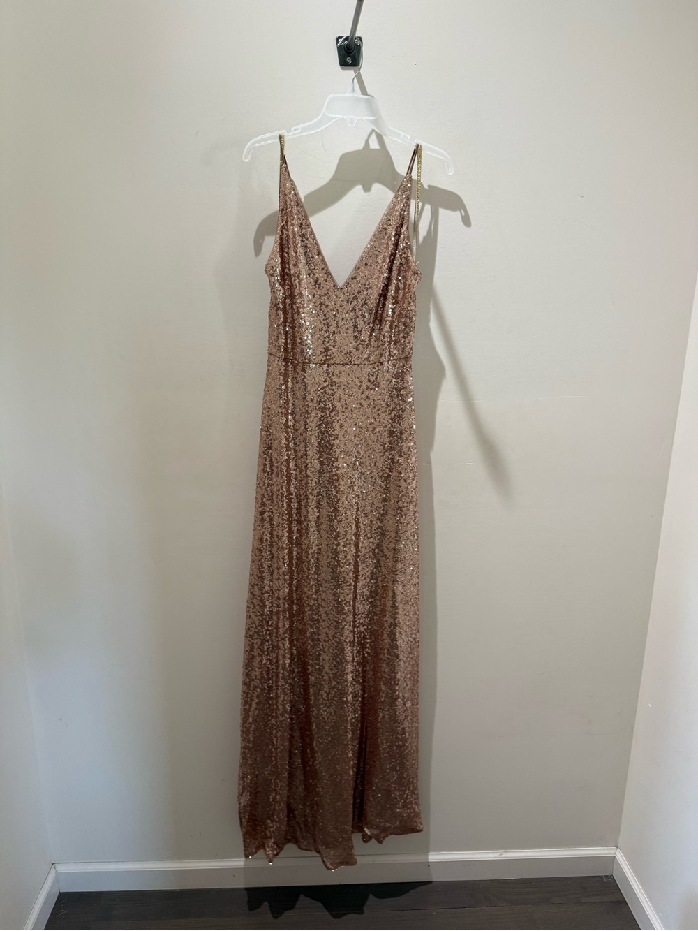 Jenny Yoo Rose Gold Sequin V-Neck Spaghetti Strap Maxi Dress